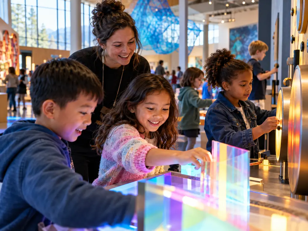Students exploring interactive light and arts exhibits with an educator