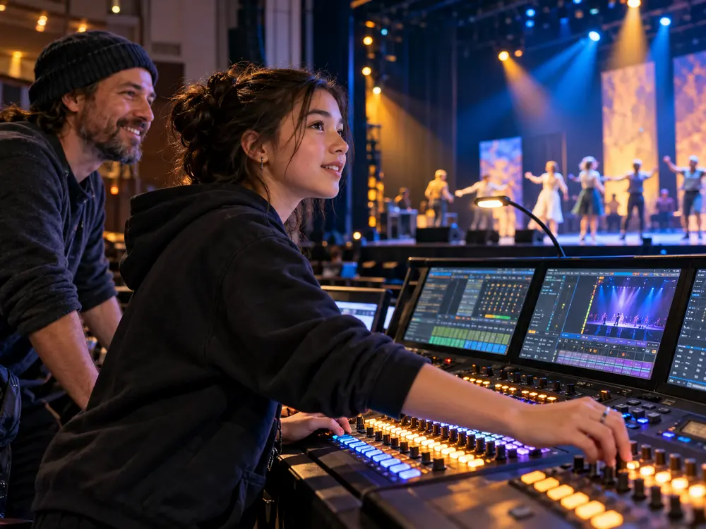 A teenager learning to operate a professional lighting and sound console