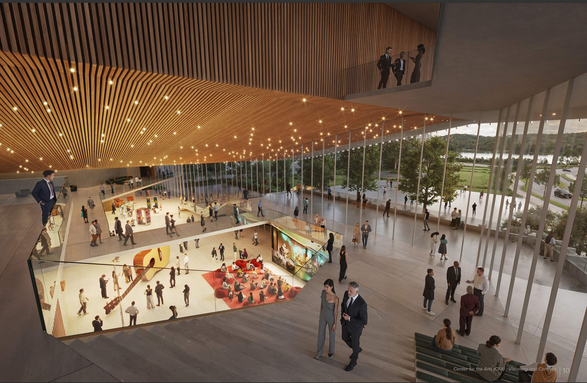 Architectural vision of an open interior filled with interactive arts experiences and community activity