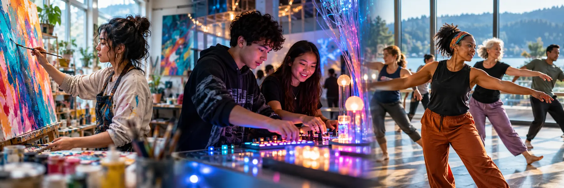 People painting, experimenting with interactive light and sound, and creating through movement